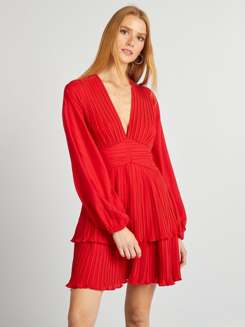Robe plissée à col V rouge - Kiabi