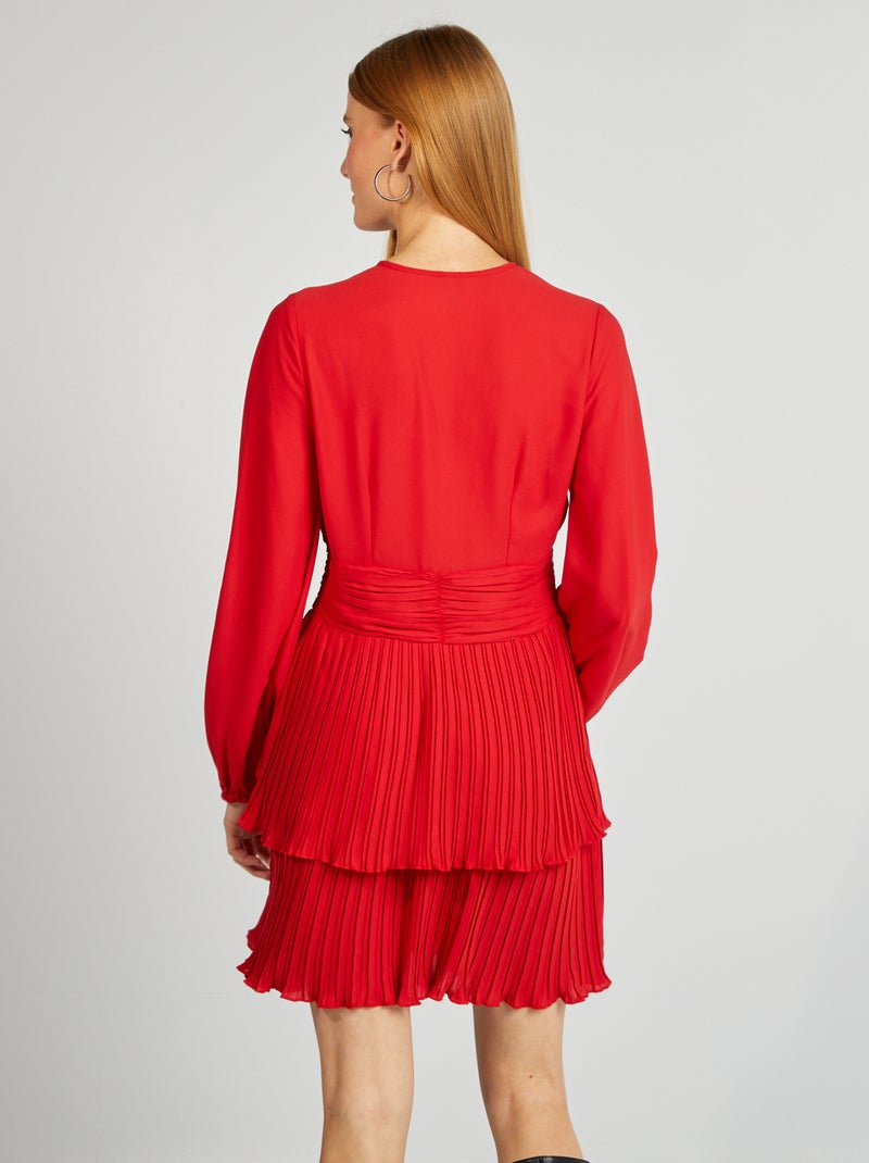 Robe plissée à col V rouge - Kiabi