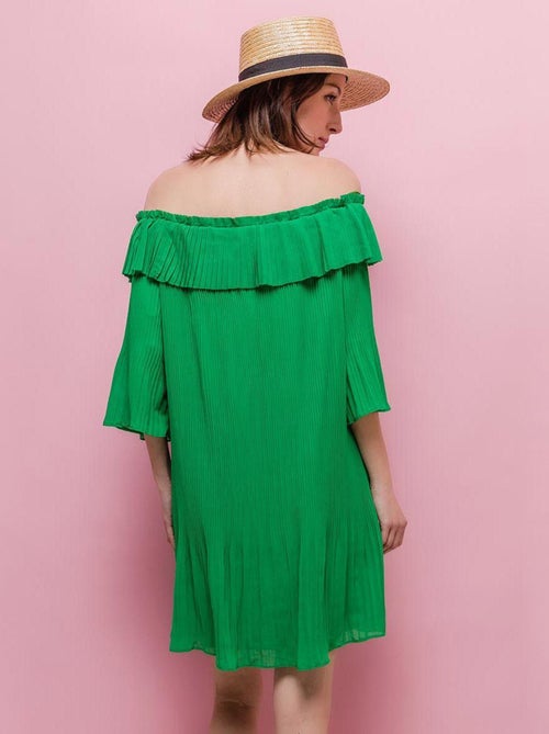 Robe plissée épaules dénudées verte - Kiabi