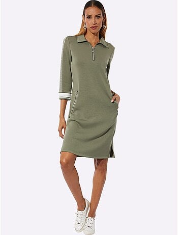 Robe polo col et manches trois quart poches zippées bords rayés - Taille standard - Helline