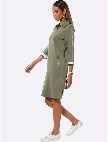 Robe polo col et manches trois quart poches zippées bords rayés - Taille standard - Helline