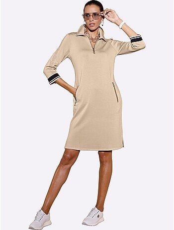 Robe polo col et manches trois quart poches zippées bords rayés - Taille standard - Helline
