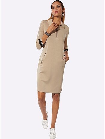Robe polo col et manches trois quart poches zippées bords rayés - Taille standard - Helline
