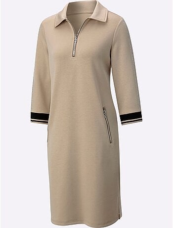 Robe polo col et manches trois quart poches zippées bords rayés - Taille standard - Helline