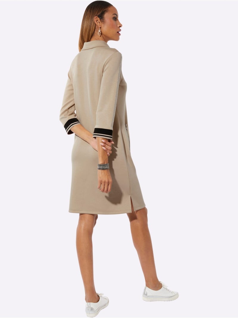Robe polo col et manches trois quart poches zippées bords rayés - Taille standard - Helline Noir Beige - Kiabi