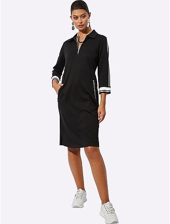 Robe polo col et manches trois quart poches zippées bords rayés - Taille standard - Helline