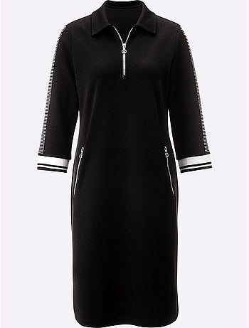 Robe polo col et manches trois quart poches zippées bords rayés - Taille standard - Helline