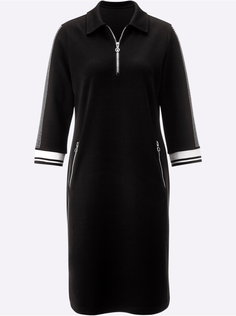 Robe polo col et manches trois quart poches zippées bords rayés - Taille standard - Helline Noir - Kiabi