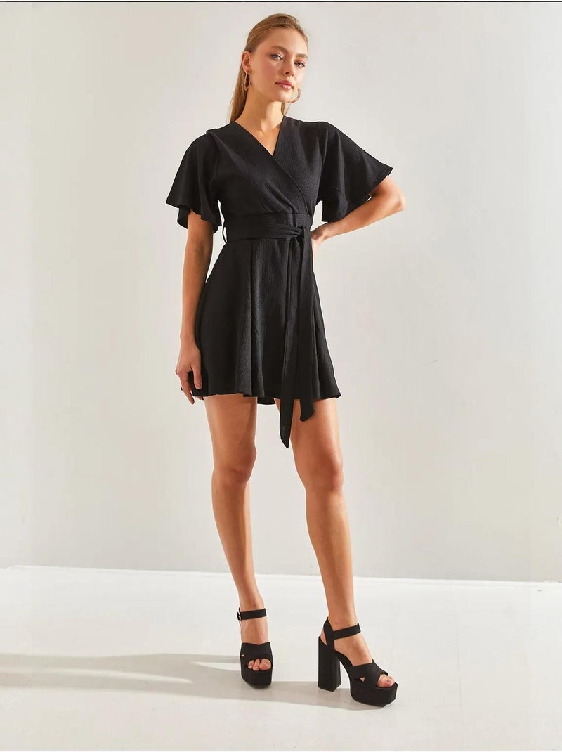 Robe portefeuille à taille nouée et short bianco lucci Noir - Kiabi