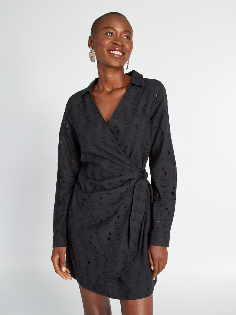 Robe portefeuille en broderie anglaise noir - Kiabi