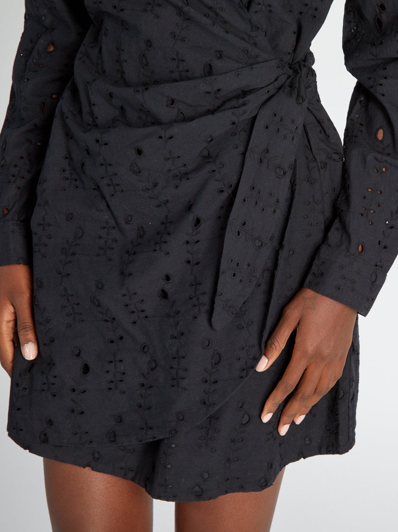 Robe portefeuille en broderie anglaise noir - Kiabi