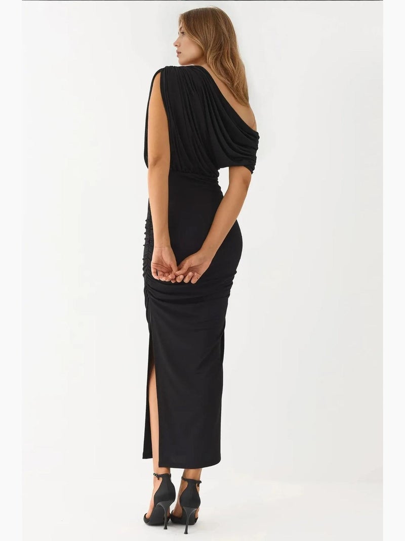Robe portefeuille mi-longue texturée à col asymétrique hiccup Noir - Kiabi