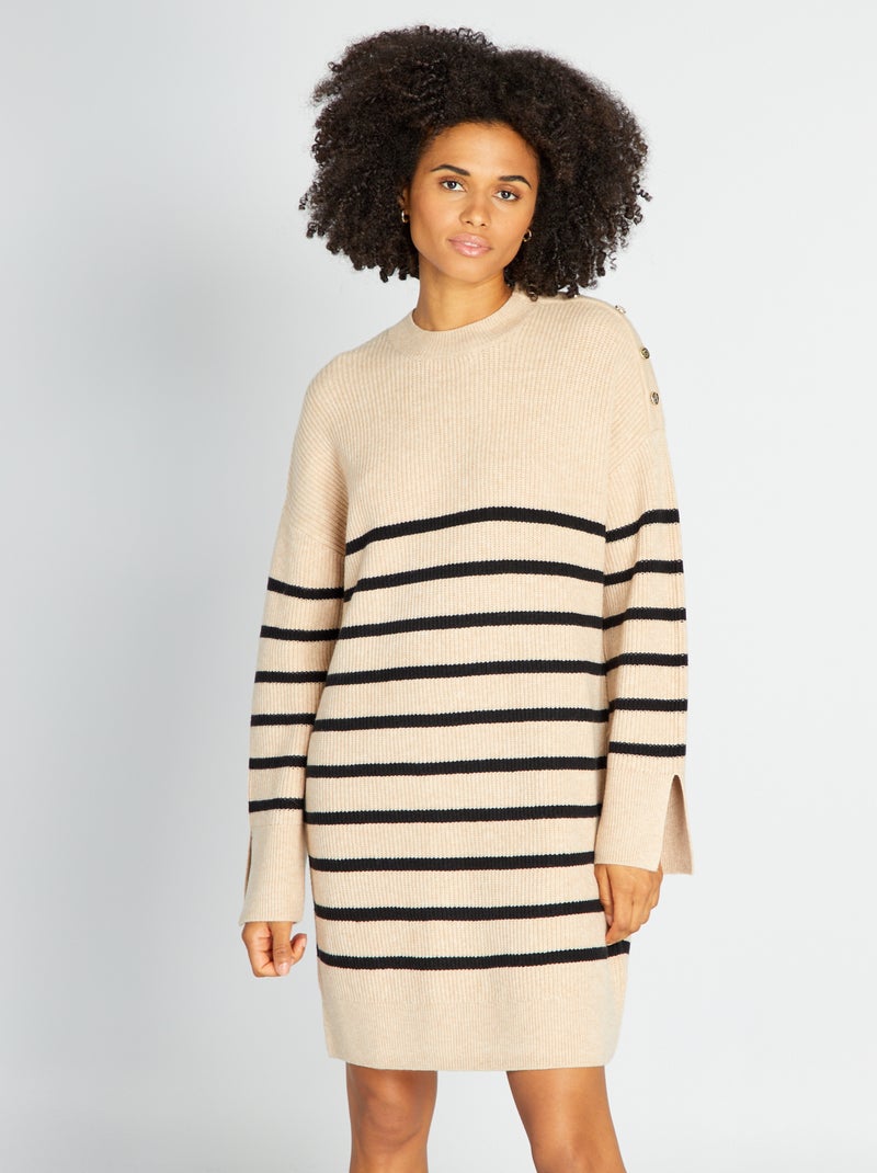 Robe pull à manches longues à 'rayures' Beige - Kiabi