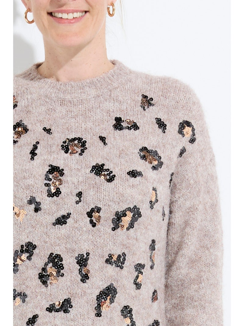 Robe pull col rond motifs animaliers en sequins - Afibel Beige/Noir - Kiabi