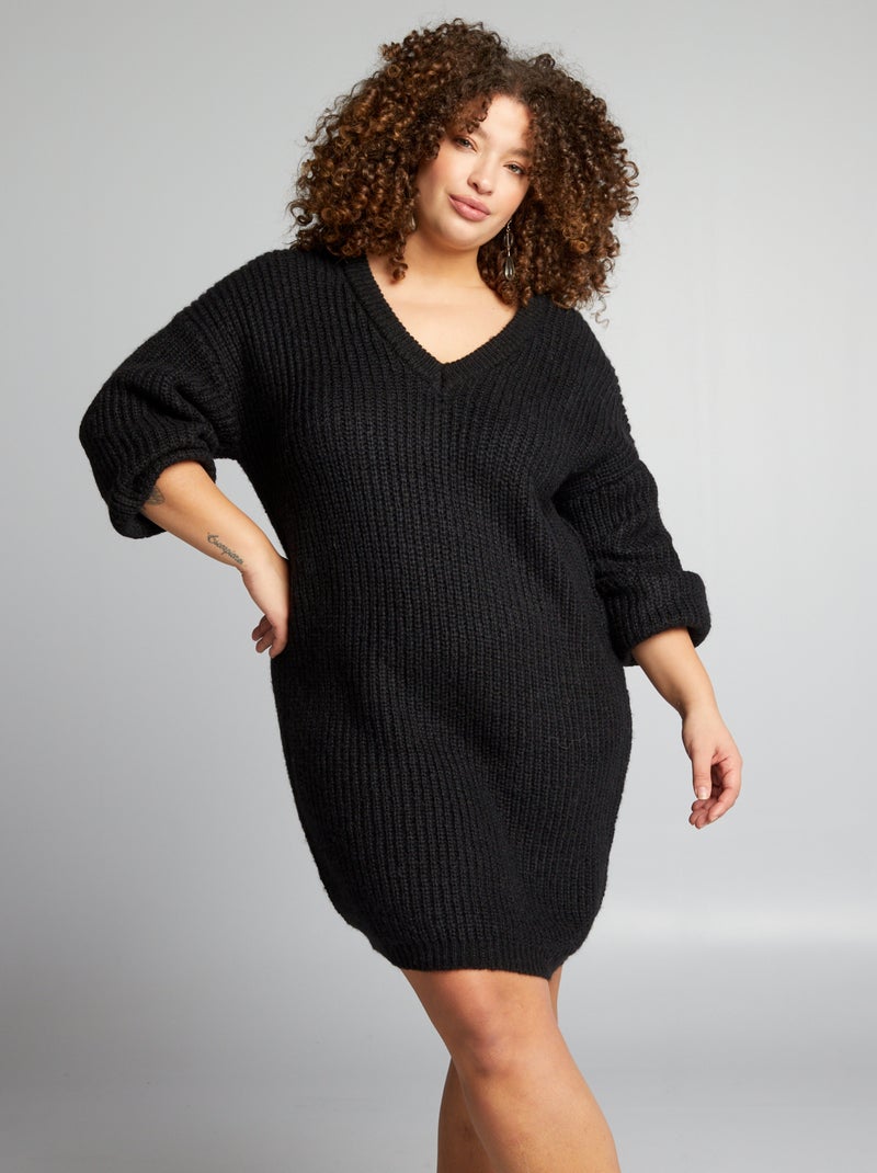 Robe pull côtelée à col V noir - Kiabi