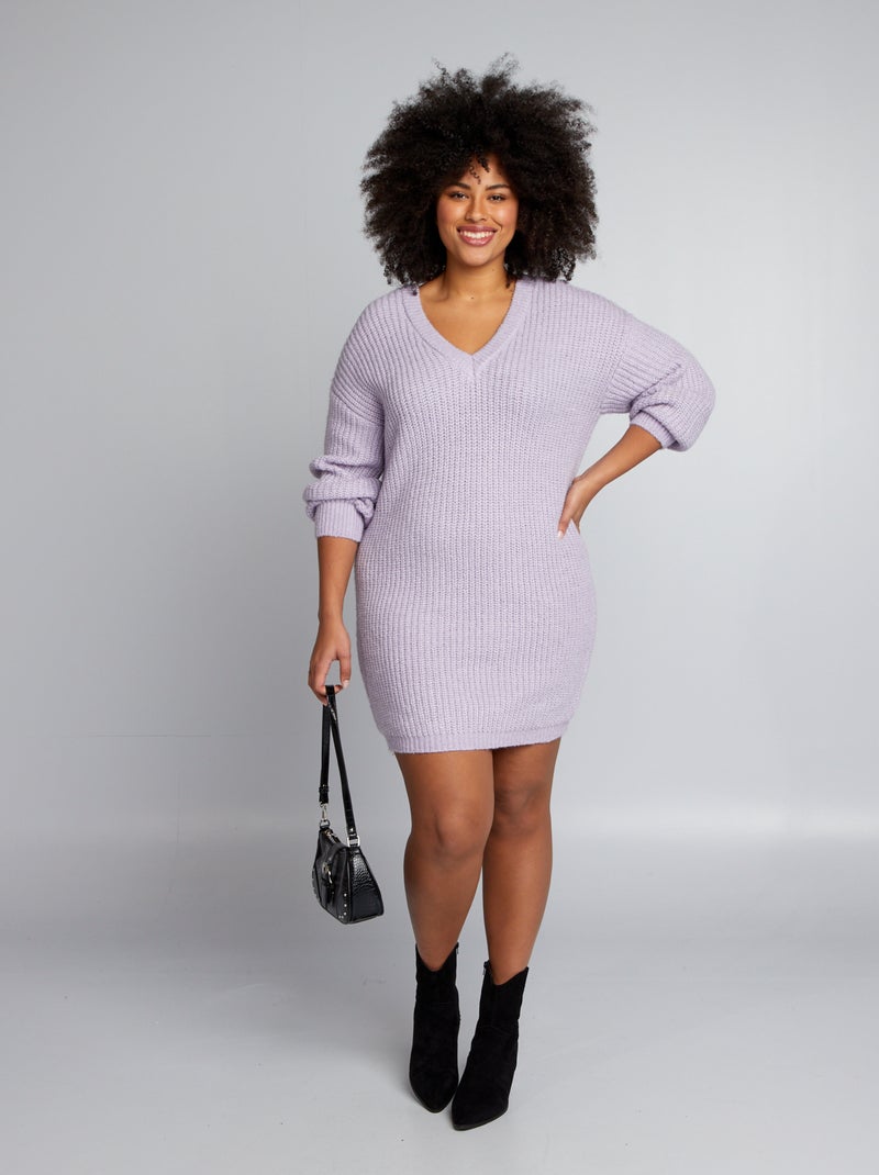 Robe pull côtelée à col V Violet - Kiabi