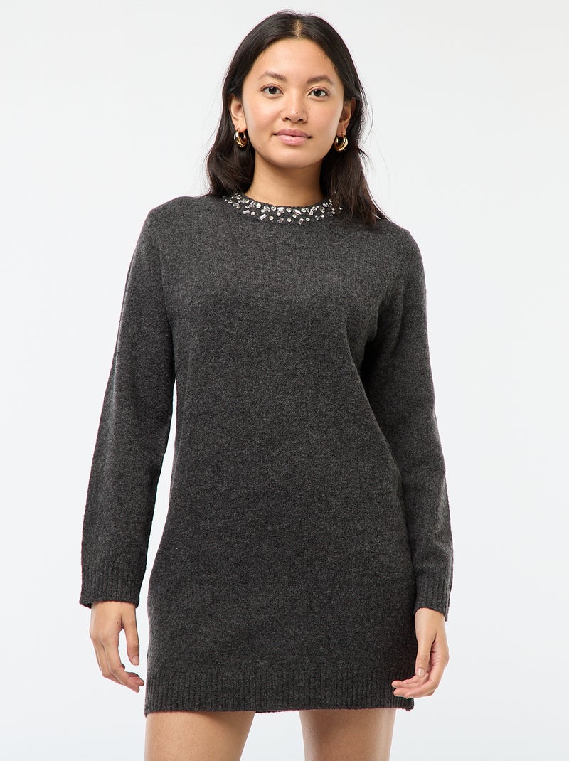 Robe pull courte avec col à strass Gris Femme Kiabi