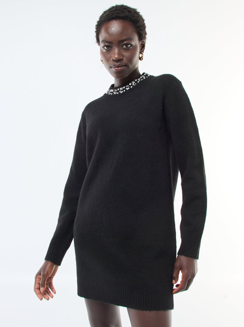 Robe pull courte avec col à strass Noir - Kiabi