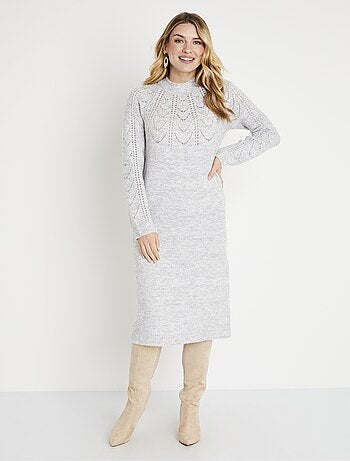 Robe-pull courte tricot ajouré col rond - Afibel