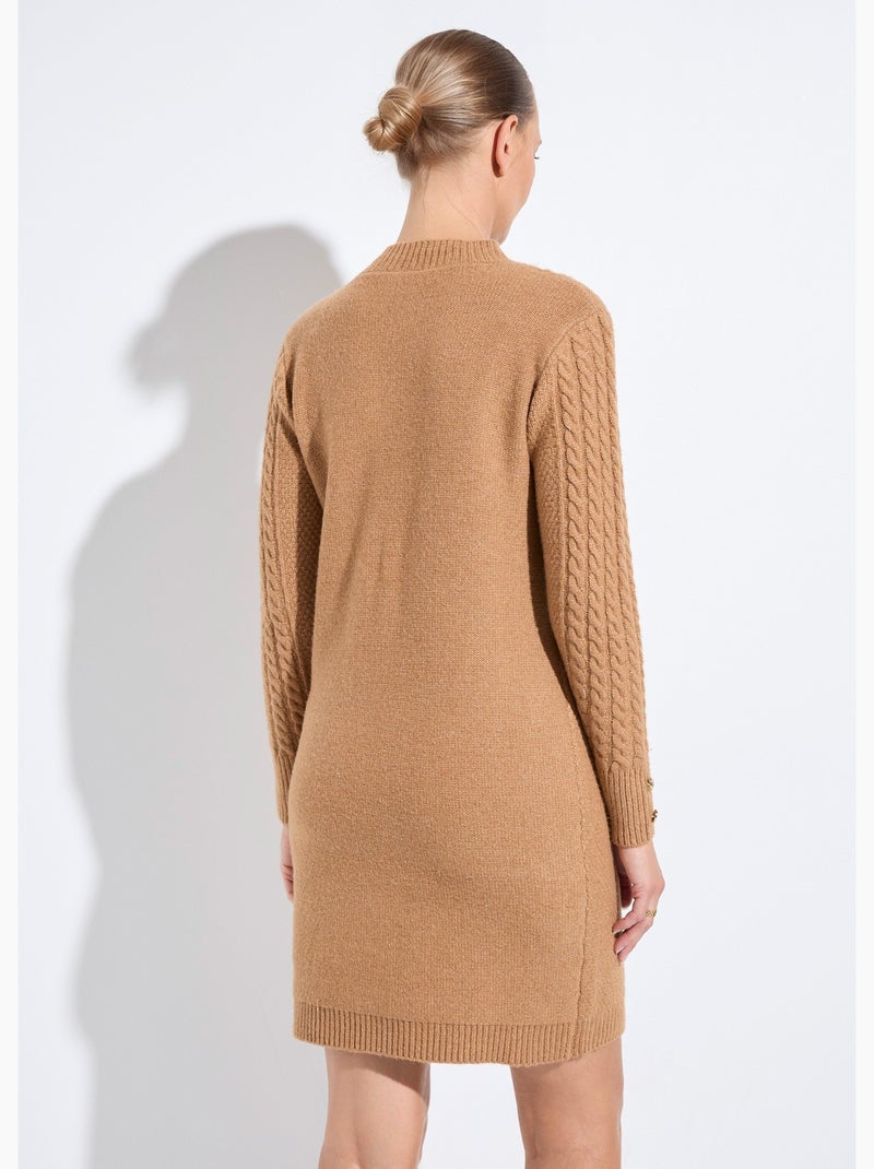 Robe-pull courte tricot uni col rond - Afibel Camel - Kiabi