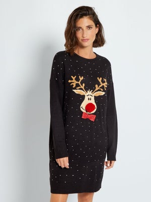 Robe Pull De Noël Femme - Imprimé Renne Ou Sapin, Longue, Douce Viscose/polyester - Tenue Fête élégante