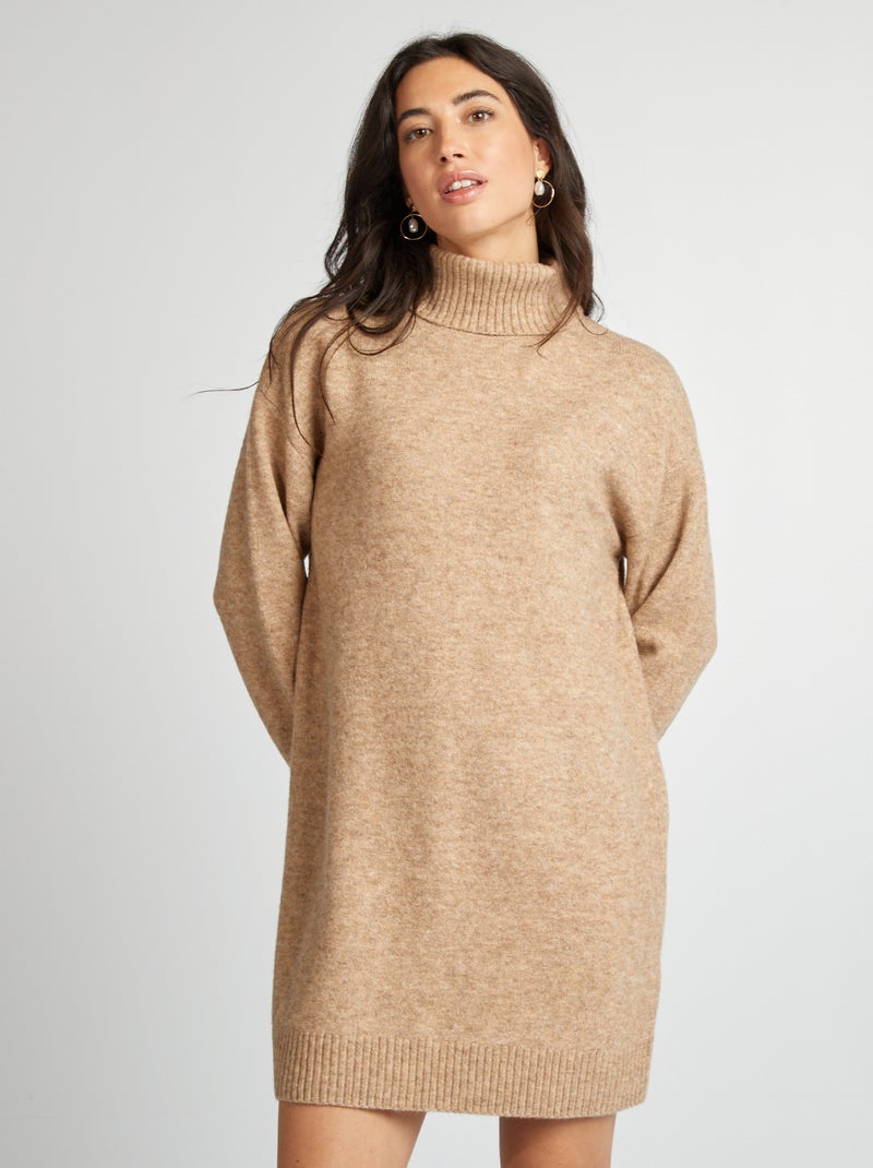 Robe pull en maille avec col roulé Beige - Kiabi