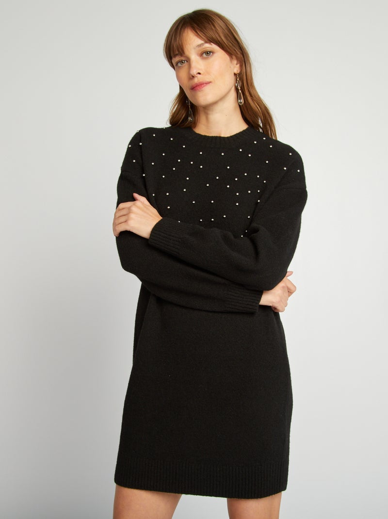 Robe pull en maille avec perles noir - Kiabi