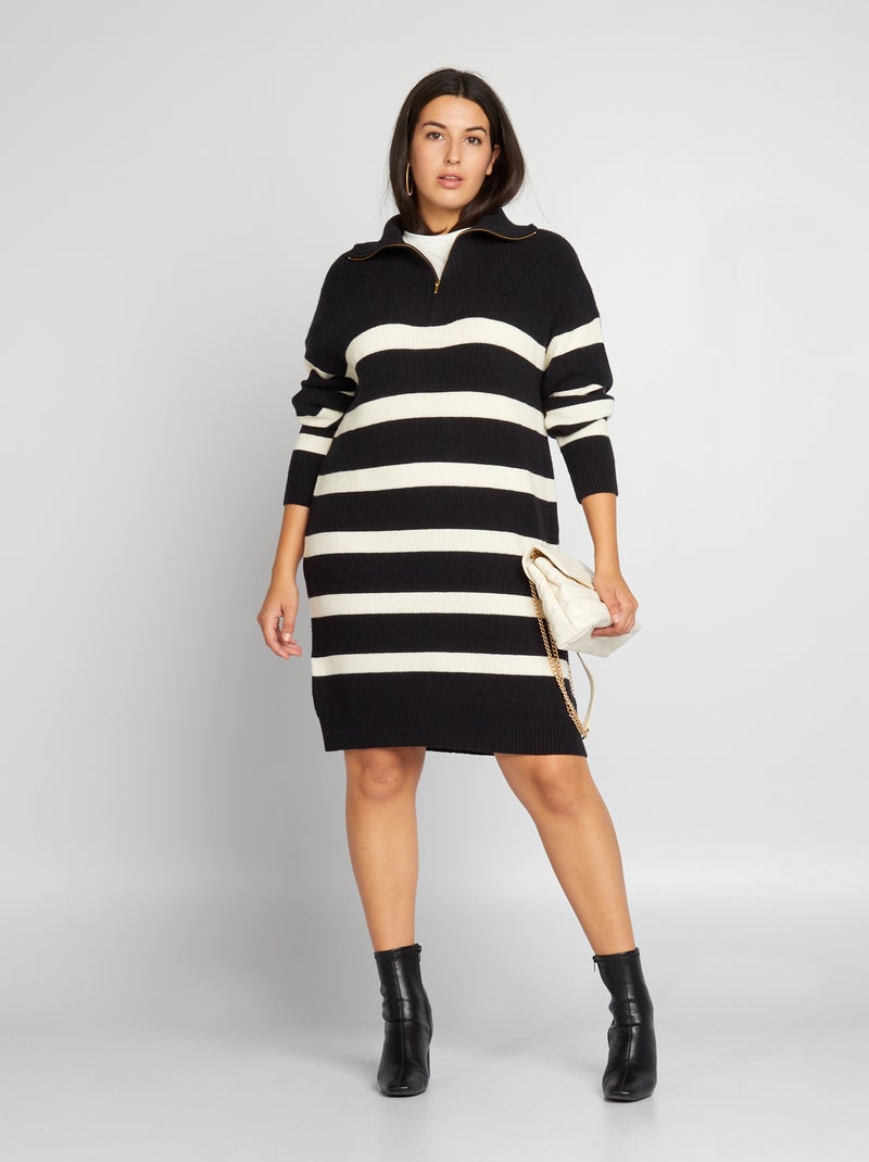 Robe pull en maille col zippé Noir/Blanc - Kiabi