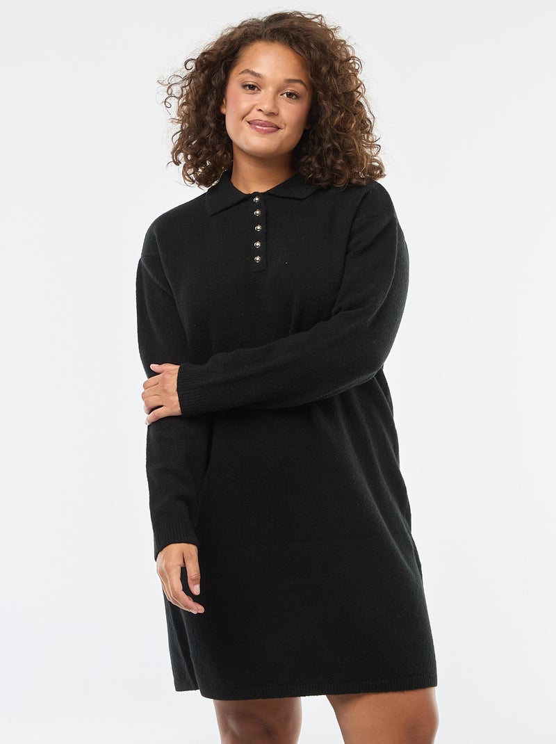 Robe pull en maille lourde avec boutons dorés au col Noir - Kiabi