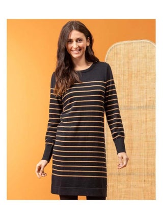 Robe pull Femme rayé noir/camel
