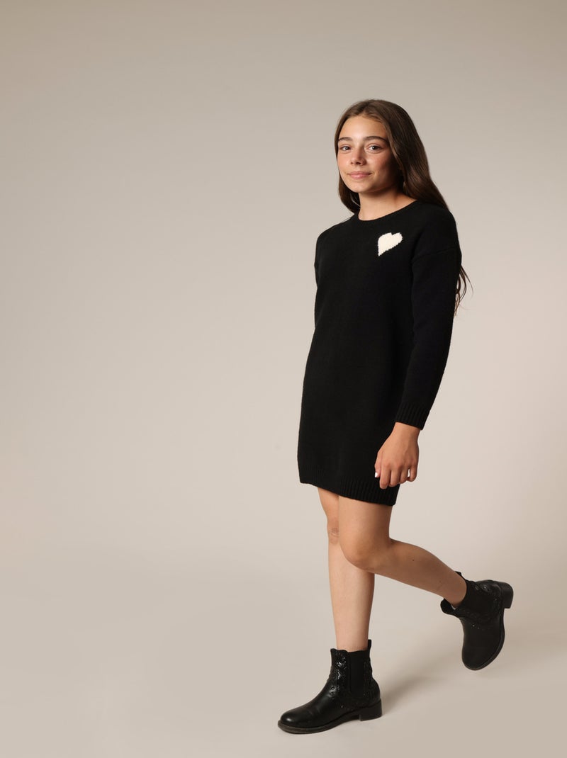 Robe pull fille en maille motif coeur 'Deeluxe' Noir - Kiabi