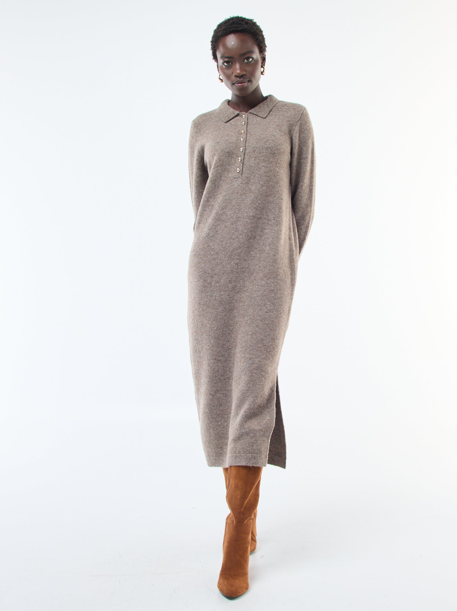 Robe Pull Femme - Marque - Couleur Unie - Manches Longues - Col Roulé - 3