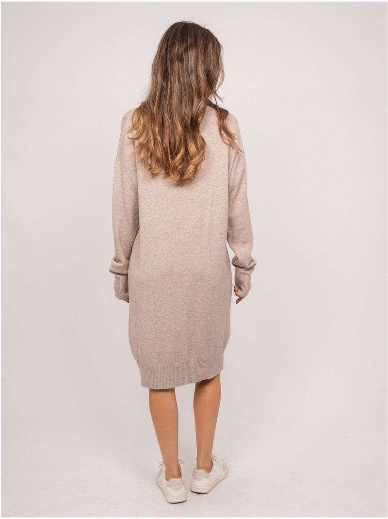 Robe pull longue maille douce col v iberna Beige - Kiabi