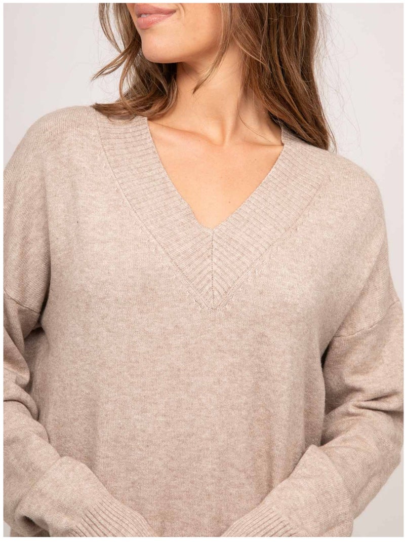 Robe pull longue maille douce col v iberna Beige - Kiabi