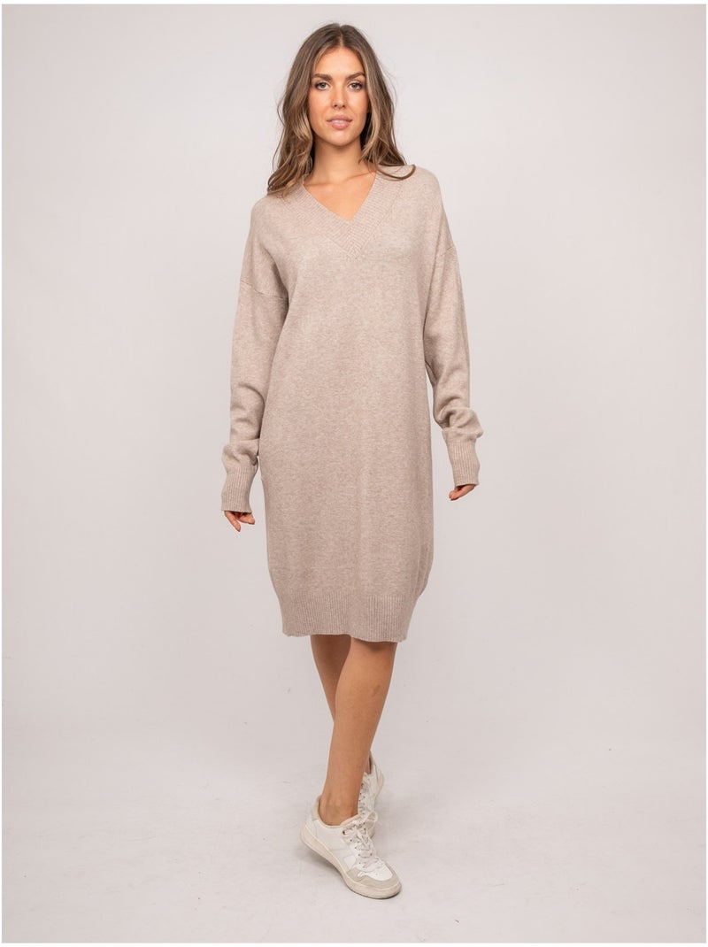 Robe pull longue maille douce col v iberna Beige - Kiabi