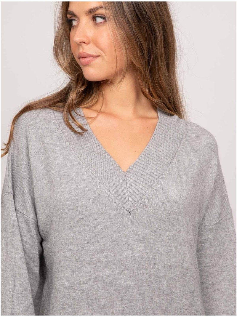 Robe pull longue maille douce col v iberna Gris - Kiabi