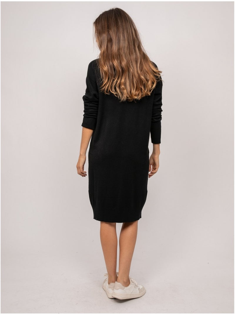 Robe pull longue maille douce col v iberna Noir - Kiabi