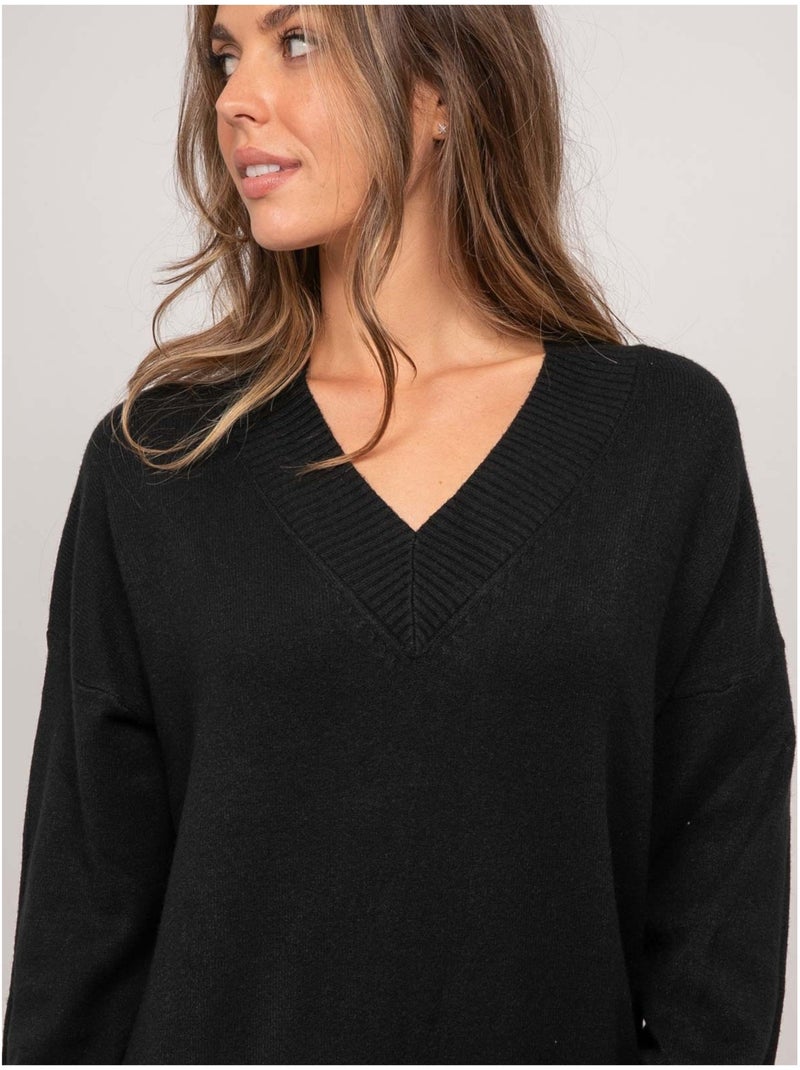 Robe pull longue maille douce col v iberna Noir - Kiabi