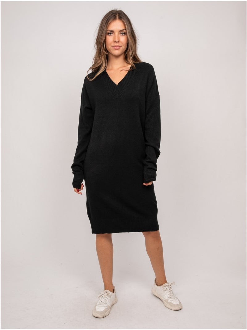 Robe pull longue maille douce col v iberna Noir - Kiabi