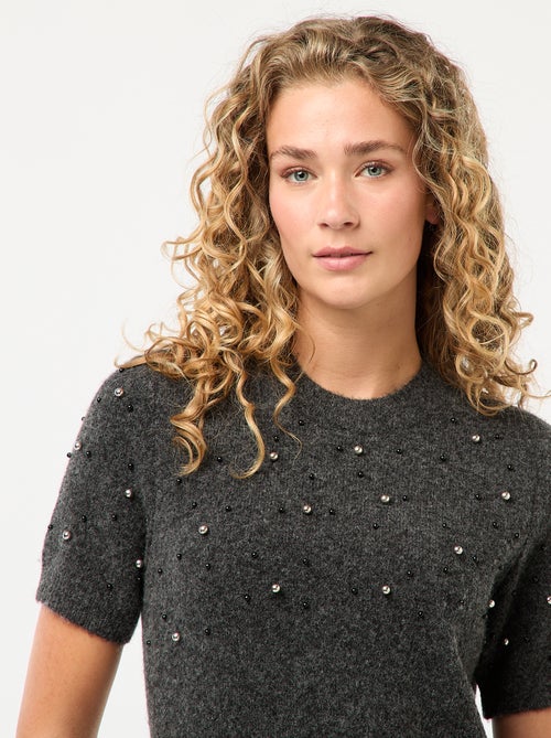 Robe pull maille doudou avec perles - Kiabi