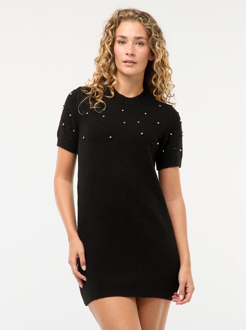 Robe pull maille doudou avec perles Noir - Kiabi