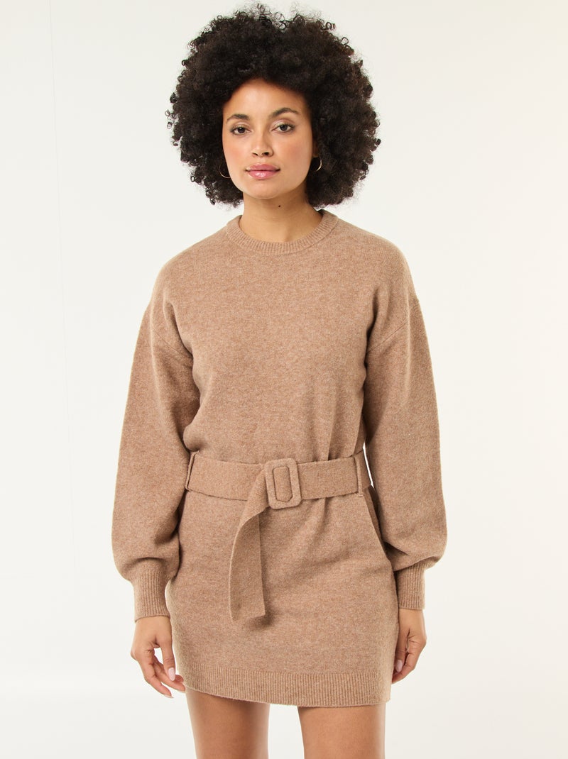 Robe pull manches longues avec ceinture Beige - Kiabi