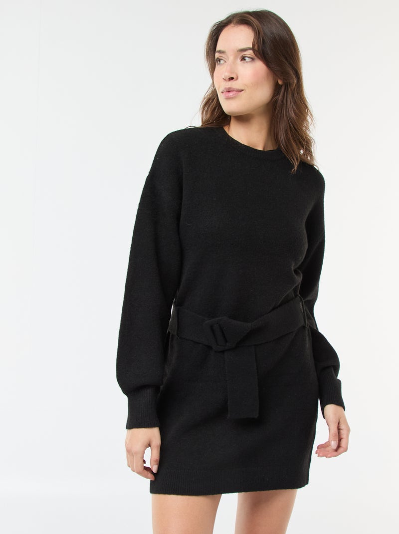 Robe pull manches longues avec ceinture Noir - Kiabi