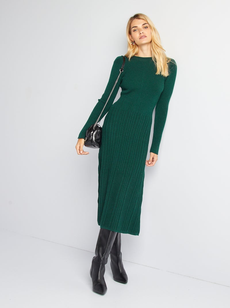 Robe pull midi côtelée Vert - Kiabi