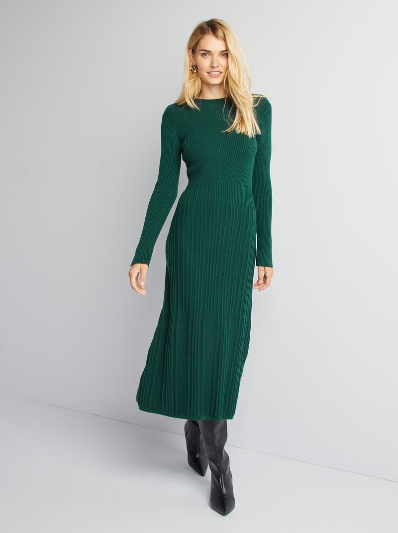 Robe pull midi côtelée Vert - Kiabi
