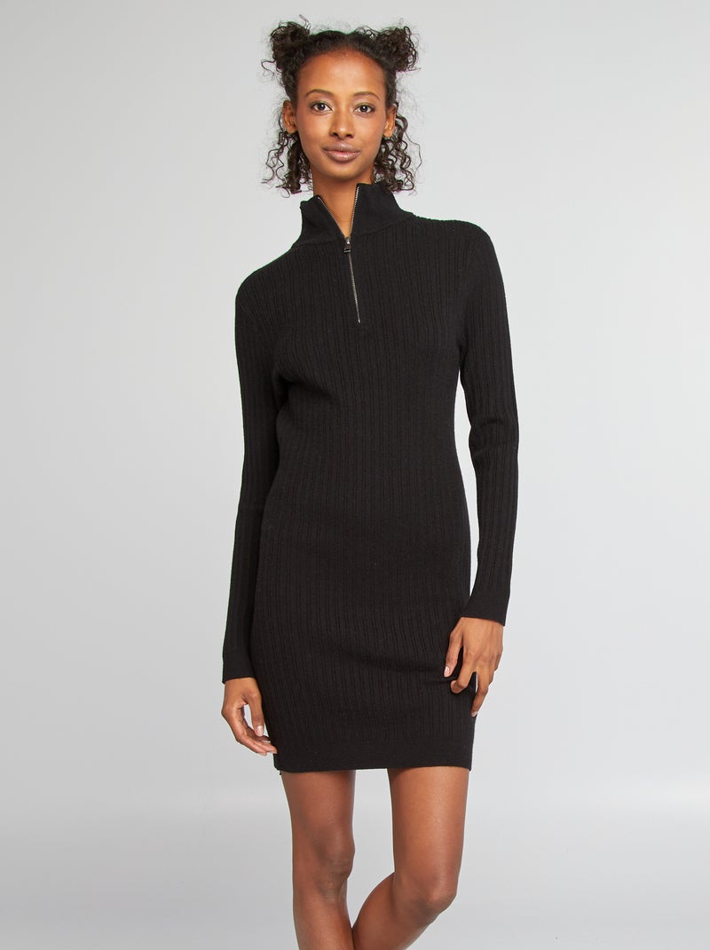 Robe pull moulante avec col zippé noir - Kiabi