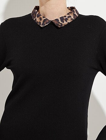 Robe-pull noire effet 2 en 1 voile imprimé léopard - Afibel