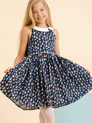 Robe Qui Tourne Fille  Bleu Marine imprimé Voiliers  HEPBURN - La Faute à Voltaire