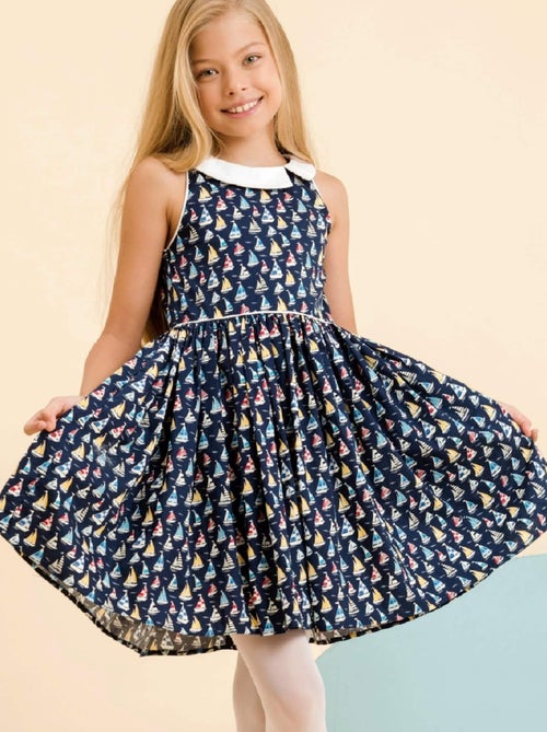 Robe Qui Tourne Fille  Bleu Marine imprimé Voiliers  HEPBURN - La Faute à Voltaire - Kiabi