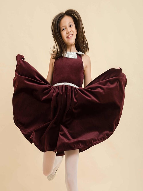 Robe Qui Tourne Fille  Velours Bdx  Col Fleuri  HEPBURN - 'LA FAUTE A VOLTAIRE' - Kiabi